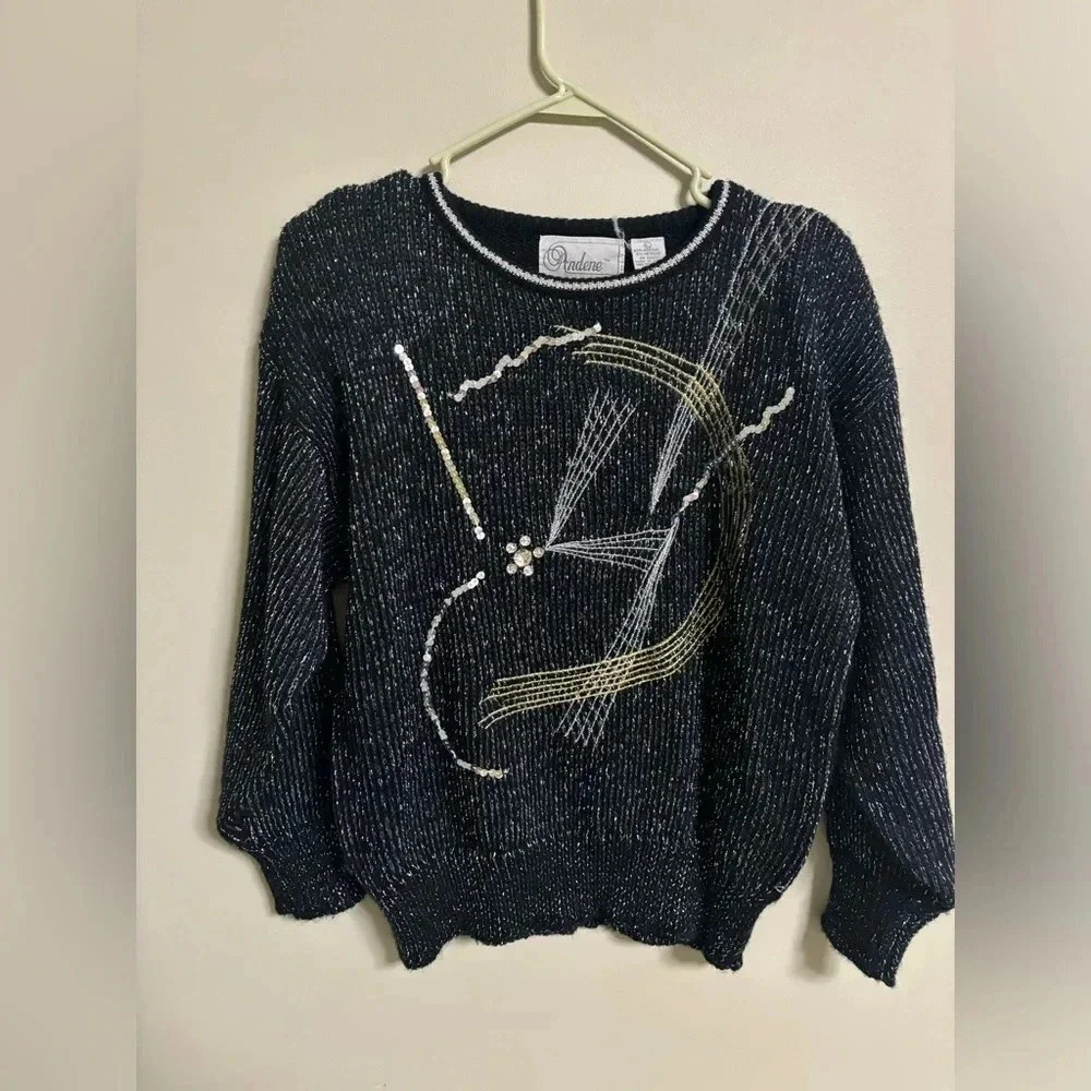 Vintage 80’s Black Metallic Sweater Silver Gold Size Large Retro Grunge
